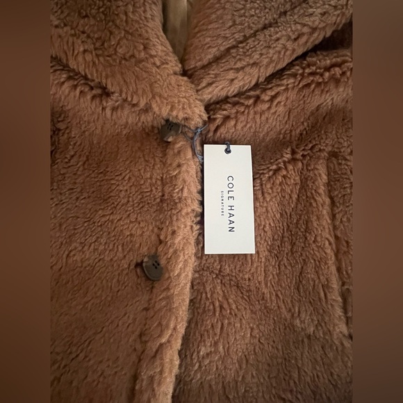 Cole Haan Signature Designer Brown Faux Fur Wool Blend Coat Size XL - Picture 7 of 16